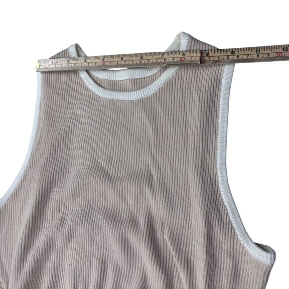 Sleeveless Ribbed Midi Dress With Cutout Waist Side Slit & Contrast Trim In Beig - Picture 9 of 11